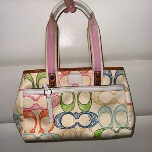 Coach Multicolor Signature Canvas Tote with Pink Handles